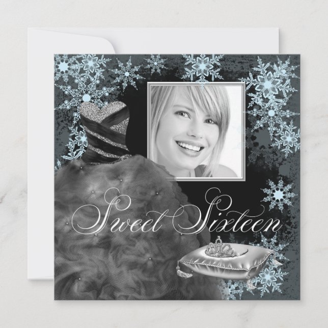 Invitation Winter Blue Snowflake Photo Sweet sixteen Party (Devant)