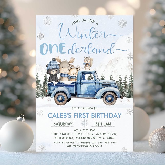 Invitation Winter Blue Woodland Truck Onederland 1st Birthday (Winter Onederland Birthday Invitation, Winter Onederland - 1st Birthday Invitation Template, Truck)