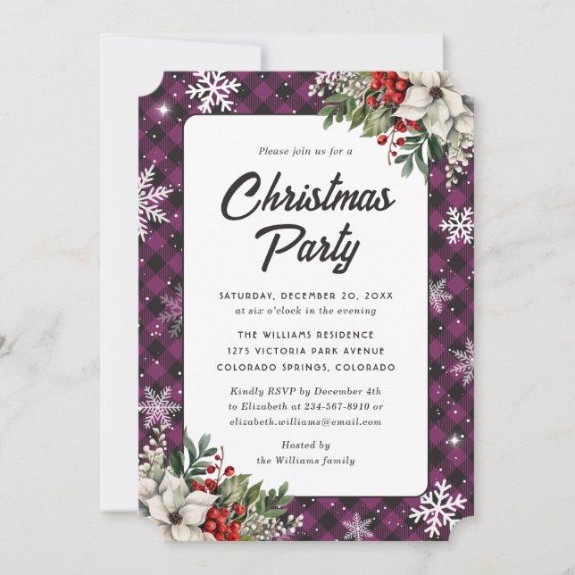 Invitation Winter Botanicals Purple Plaid Christmas Party (Devant)