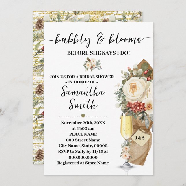 Invitation Winter Bubbly & Blooms Before I do Bridal Shower (Devant / Derrière)