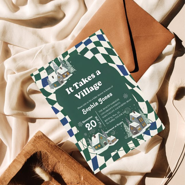 Invitation Winter Checkered "It Takes a Village" baby shower (Créateur téléchargé)