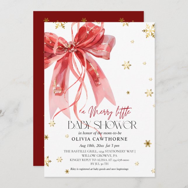 Invitation Winter Christmas Red Bow Baby Shower (Devant / Derrière)