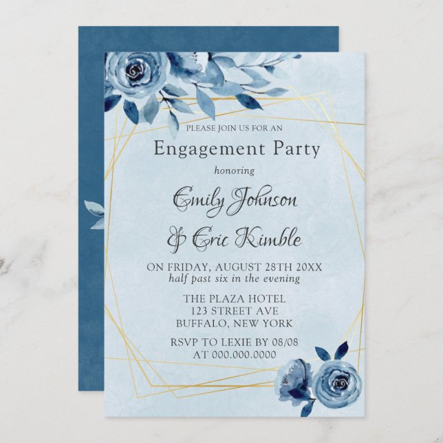 Invitation Winter Dusty Blue Navy Oleander Engagement Party (Devant / Derrière)