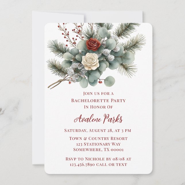 Invitation Winter Floral Rouge Rose blanche Rose Bachelorette (Devant)