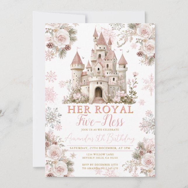 Invitation Winter Floral Snowflake  royal fiveness Birthday (Devant)