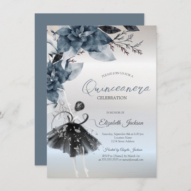 Invitation  Winter Flowers Ballerina Silver Quinceanera (Devant / Derrière)