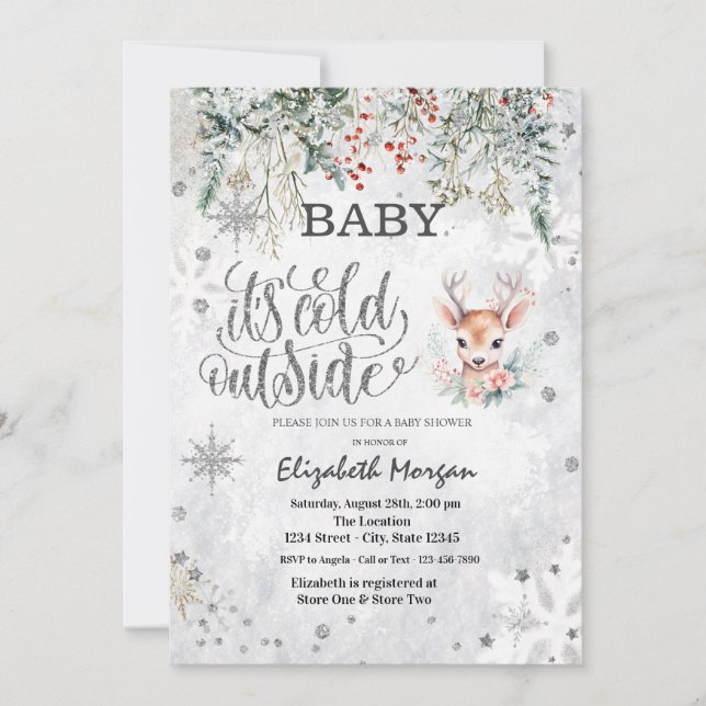 Invitation Winter Flowers Snowflakes Baby Dear Baby Shower  (Devant)