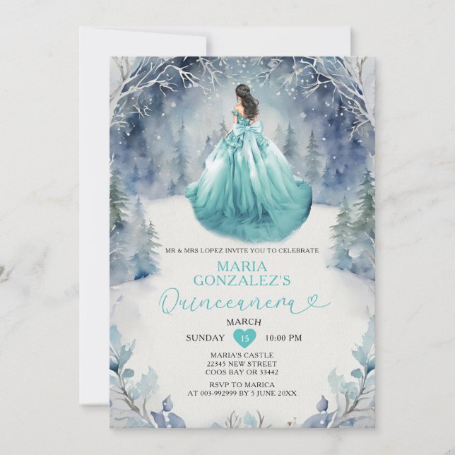 Invitation Winter Forest Aqua Blue Princess Dress Quinceañera (Devant)