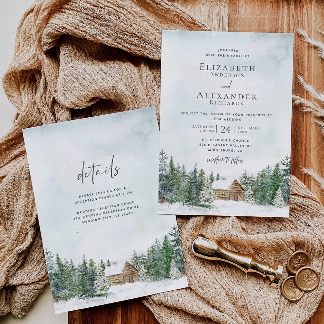 Invitation Winter Forest Cabine Pine Trees Détails du Mariage (Créateur téléchargé)
