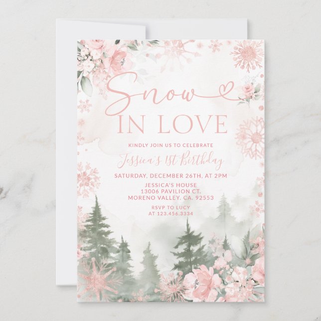 Invitation Winter Forest Pink Snow In Love Christmas Birthday (Devant)