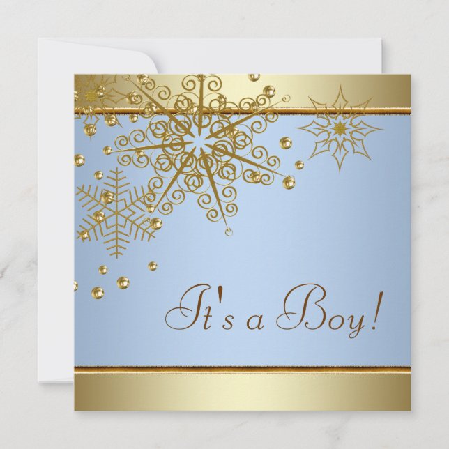 Invitation Winter Gold Blue Snowflakes Baby Boy Shower (Devant)