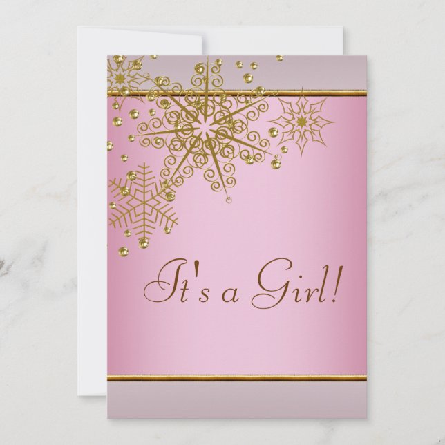 Invitation Winter Gold Pink Snowflakes Baby Girl Douche (Devant)