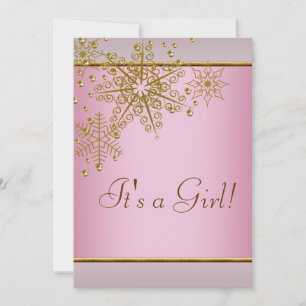 Invitation Winter Gold Pink Snowflakes Baby Girl Douche