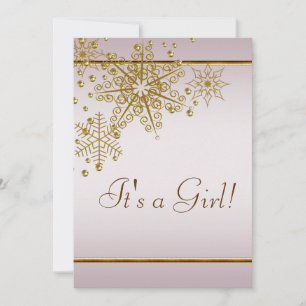 Invitation Winter Gold Pink Snowflakes Baby Girl Douche
