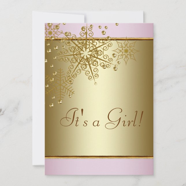 Invitation Winter Gold Pink Snowflakes Baby Girl Douche (Devant)
