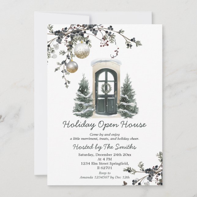 Invitation Winter Green Christmas Baubles Holiday Open House (Devant)