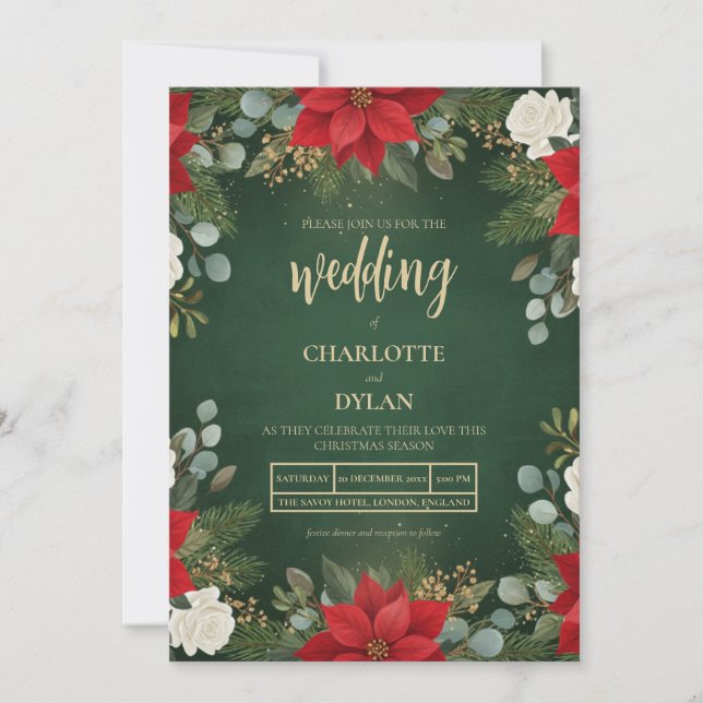 Invitation Winter Green Velvet Christmas Floral Wedding (Devant)