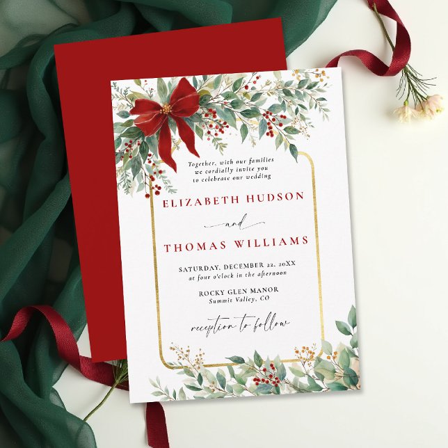 Invitation Winter Greenery Red Bow Rustic *Gold Frame Wedding (christmas wedding invitation card template design winter greenery botanical rustic chic golden frame)