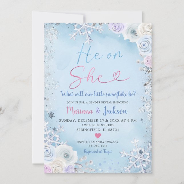 Invitation Winter He or She Snowflake Christmas Gender Reveal (Devant)