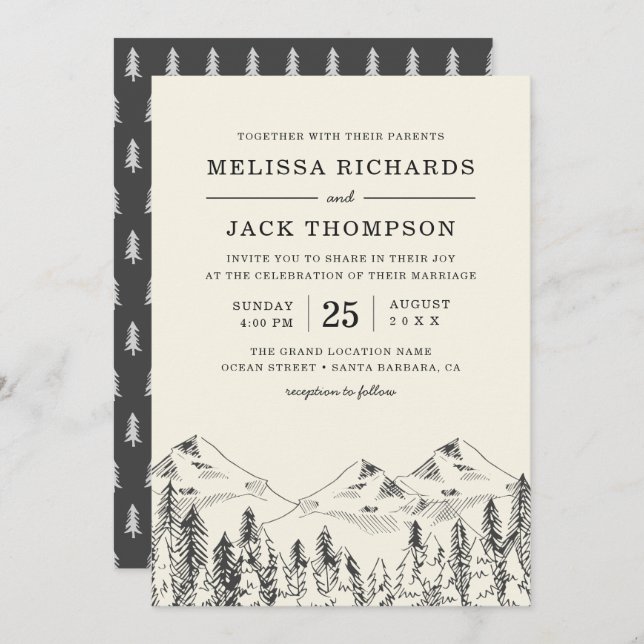 Invitation Winter Mountain Pine Tree Forest Mariage rustique (Devant / Derrière)