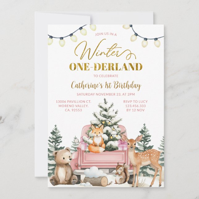 Invitation Winter ONE-derland Pink Truck Animals 1st Birthday (Devant)
