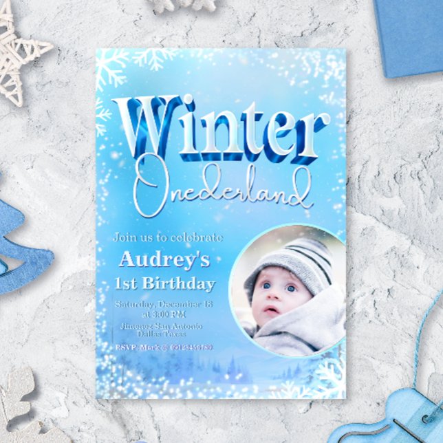 Invitation Winter Onederland - 1er anniversaire avec photo (Winter Onederland - 1st Birthday with Photo Invitation)