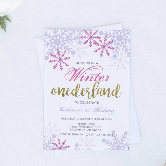 Invitation Winter Onederland 1er anniversaire bébé fille rose (Créateur téléchargé)