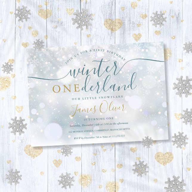 Invitation Winter Onederland 1er Anniversaire Bleu Et Or (Winter Onederland 1st Birthday Blue And Gold Invitation)