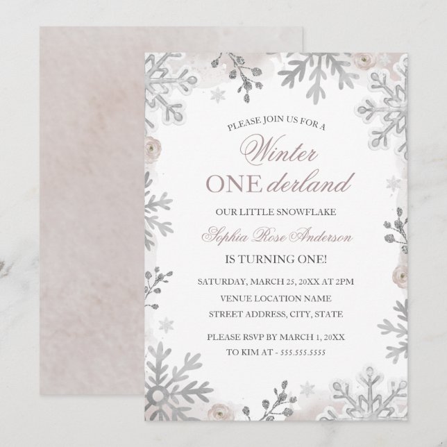 Invitation Winter Onederland 1er Anniversaire Blush Flocon De (Devant / Derrière)