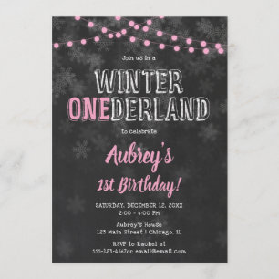 Invitation Winter Onederland 1er anniversaire fille rose noir