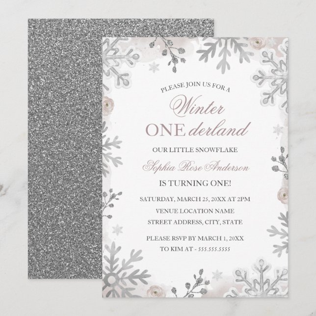 Invitation Winter Onederland 1er Anniversaire Flocon de Neige (Devant / Derrière)