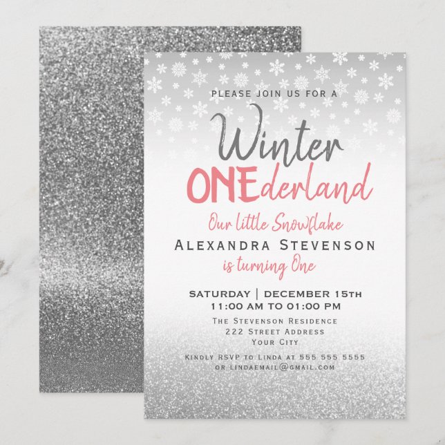 Invitation Winter ONEderland 1er Anniversaire Flocons d'Argen (Devant / Derrière)