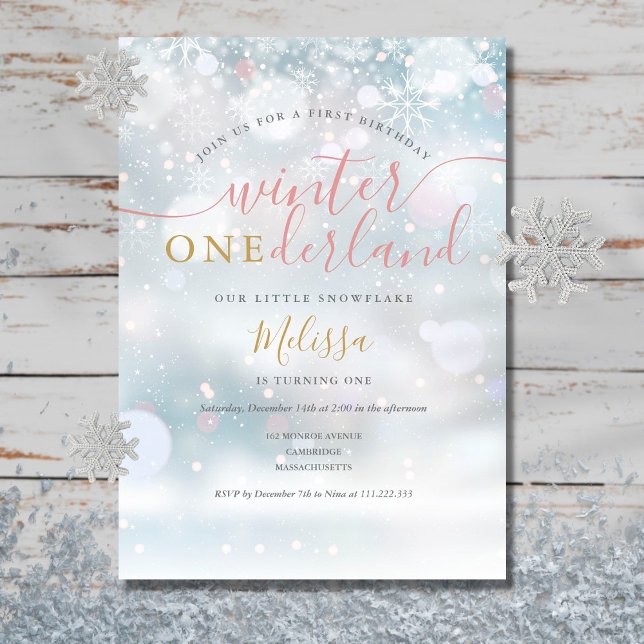 Invitation Winter Onederland 1er Anniversaire Rose Et Or (Créateur téléchargé)