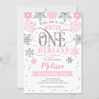 Invitation Winter Onederland 1st birthday, Pink silver