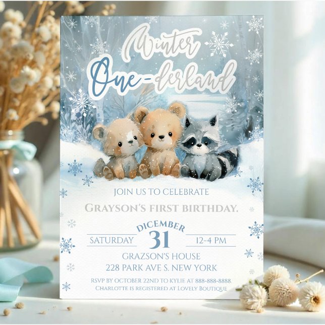 Invitation Winter Onederland Bear Baby Blue First Birthday (Créateur téléchargé)
