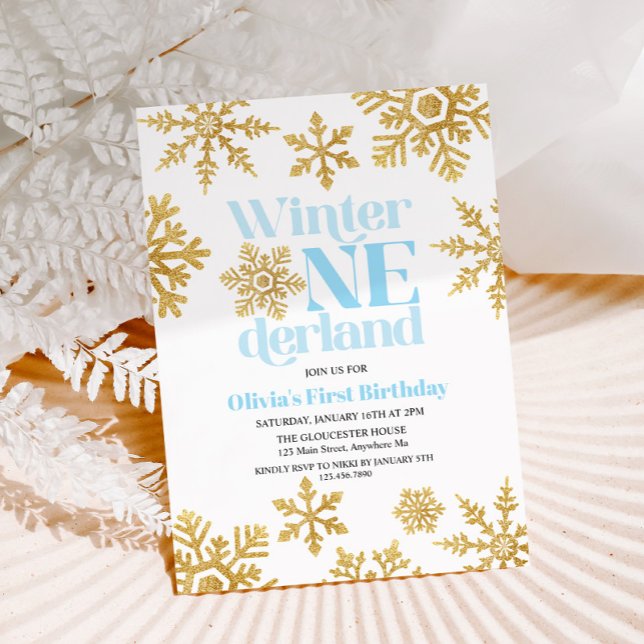 Invitation Winter Onederland Bleu Or Flocon de Neige 1er Anni (Créateur téléchargé)