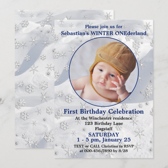 Invitation Winter ONEderland Bleu Premier Anniversaire Flocon (Devant / Derrière)