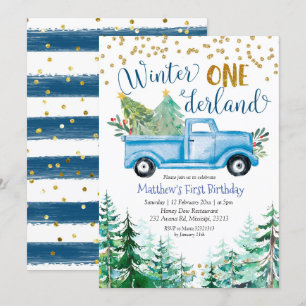 Invitation Winter Onederland Blue Christmas Truck Anniversair