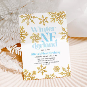 Invitation Winter Onederland Blue Gold Snowflake 1er annivers