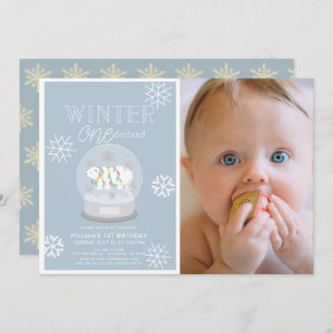 Invitation Winter Onederland Blue Photo 1er Birthday