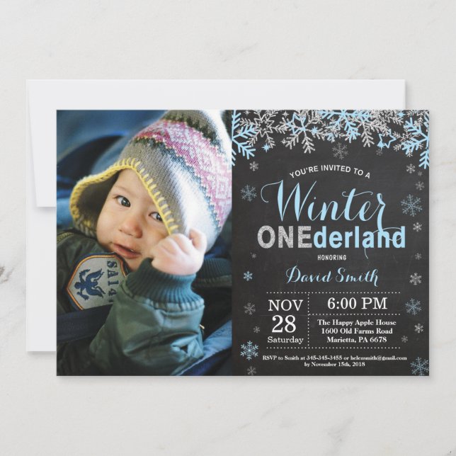 Invitation Winter Onederland Blue Silver Boy 1er anniversaire (Devant)