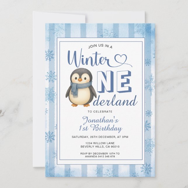 Invitation Winter Onederland Boy Penguin Birthday Snowflakes (Devant)