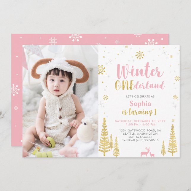 Invitation Winter Onederland, Fille 1ère photo Anniversaire (Devant / Derrière)