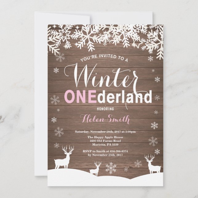Invitation Winter Onederland Fille Bois Rustique 1er Annivers (Devant)