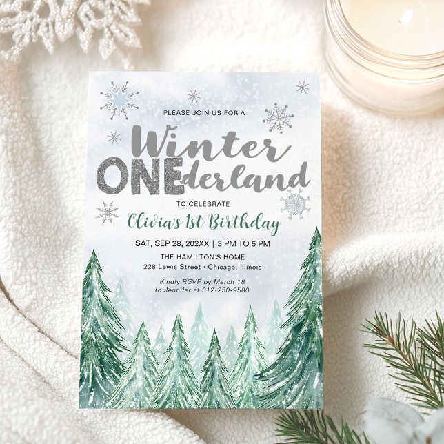 Invitation Winter Onederland First Birthday Snowflakes Forest (Créateur téléchargé)