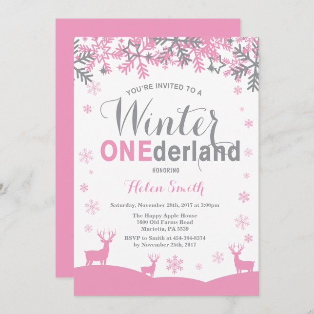 Invitation Winter Onederland Flamme de neige fille 1er annive (Devant / Derrière)