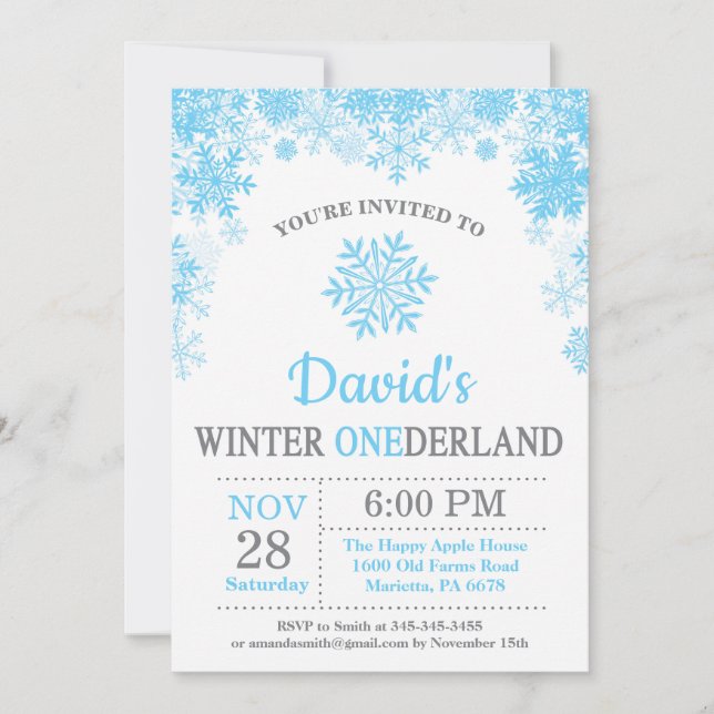 Invitation Winter Onederland Flocon de neige Blue Boy 1er ann (Devant)
