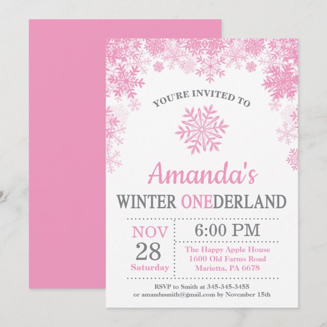 Invitation Winter Onederland Flocon de neige rose fille 1er a (Devant / Derrière)