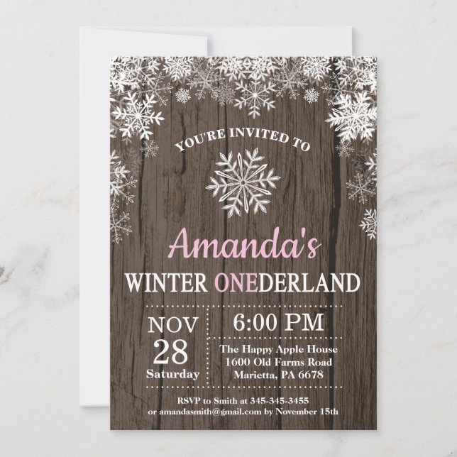 Invitation Winter Onederland Flocon de neige rose fille 1er a (Devant)