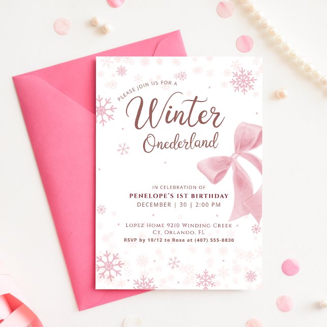 Invitation Winter Onederland Flocon de Neige Rose Premier Ann (Créateur téléchargé)